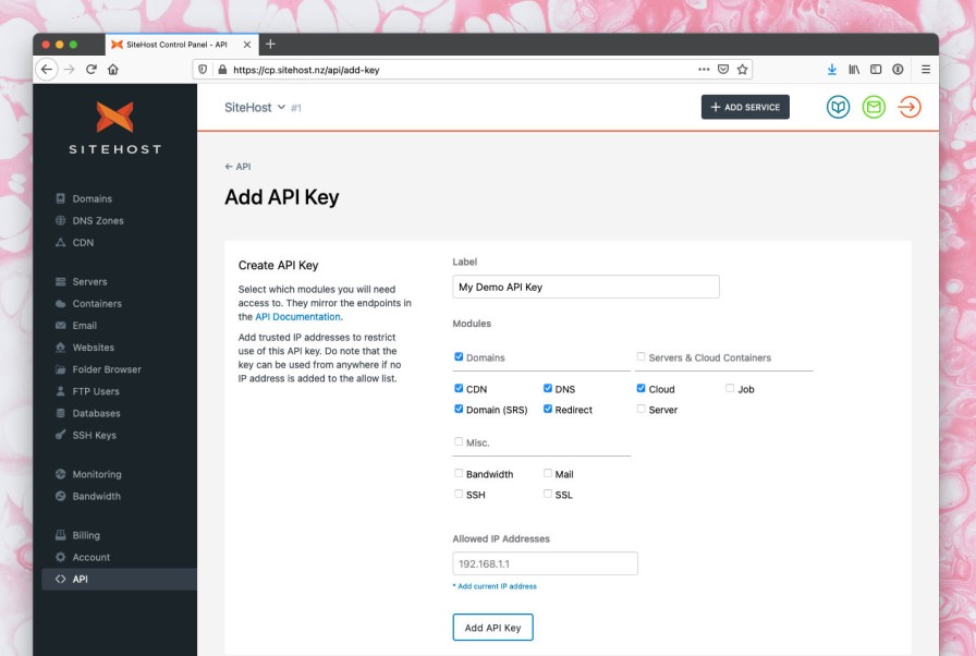 SiteHost control panel screenshot, 