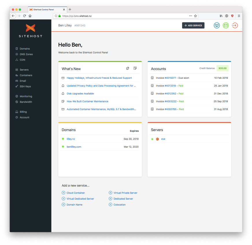 SiteHost control panel screenshot - main page.