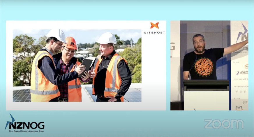 Quintin Russ presenting to NZ Network Operators Group about solar power at SiteHost.