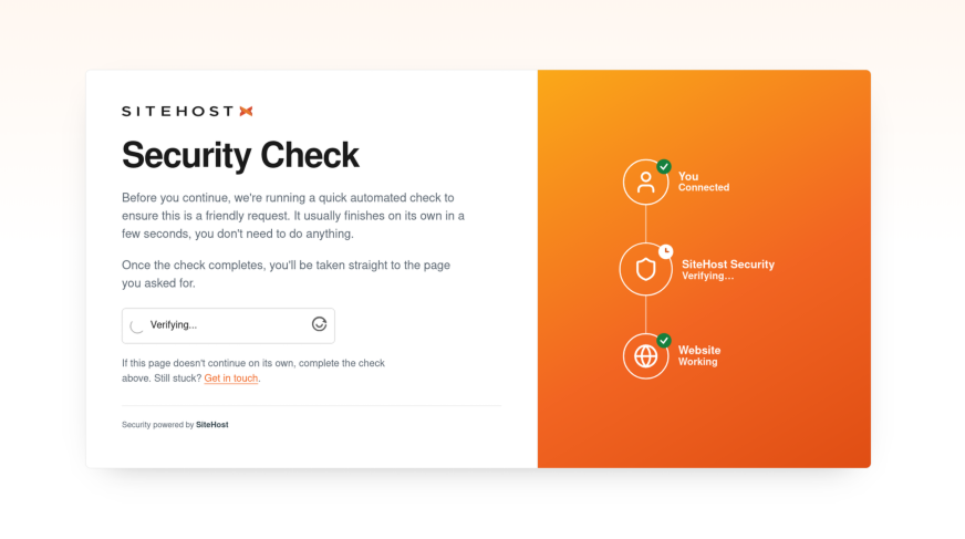 SiteHost security check page showing an automated verification process in progress. On the left, text explains that an automated check is running to ensure a friendly request.