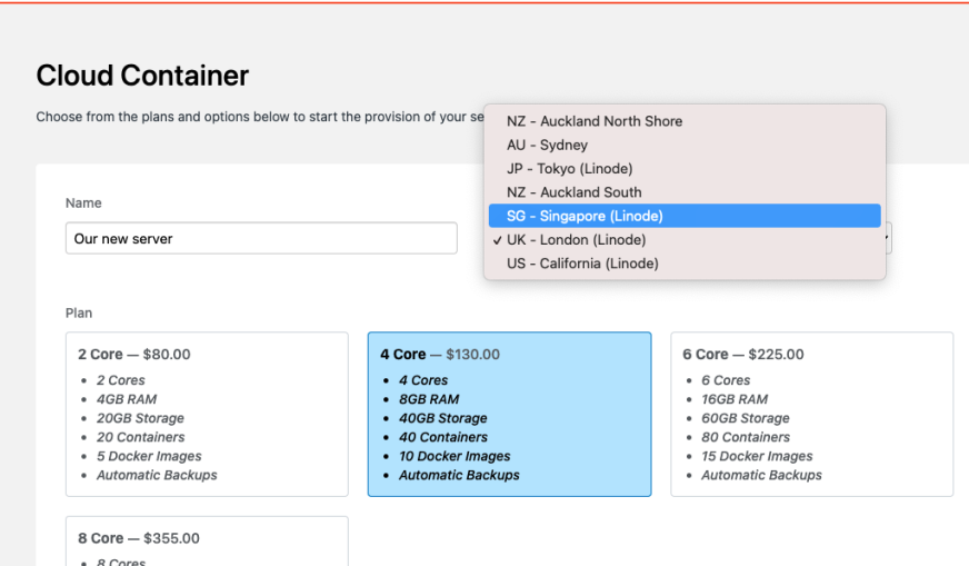 SiteHost control panel screenshot - Cloud Container global locations.